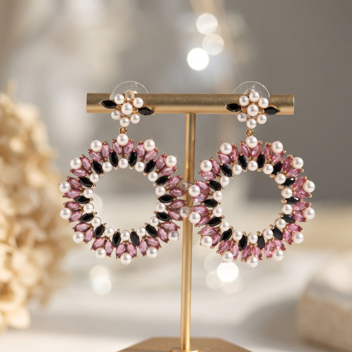 Garnet Bloom Pearl Halo Hoop Earrings