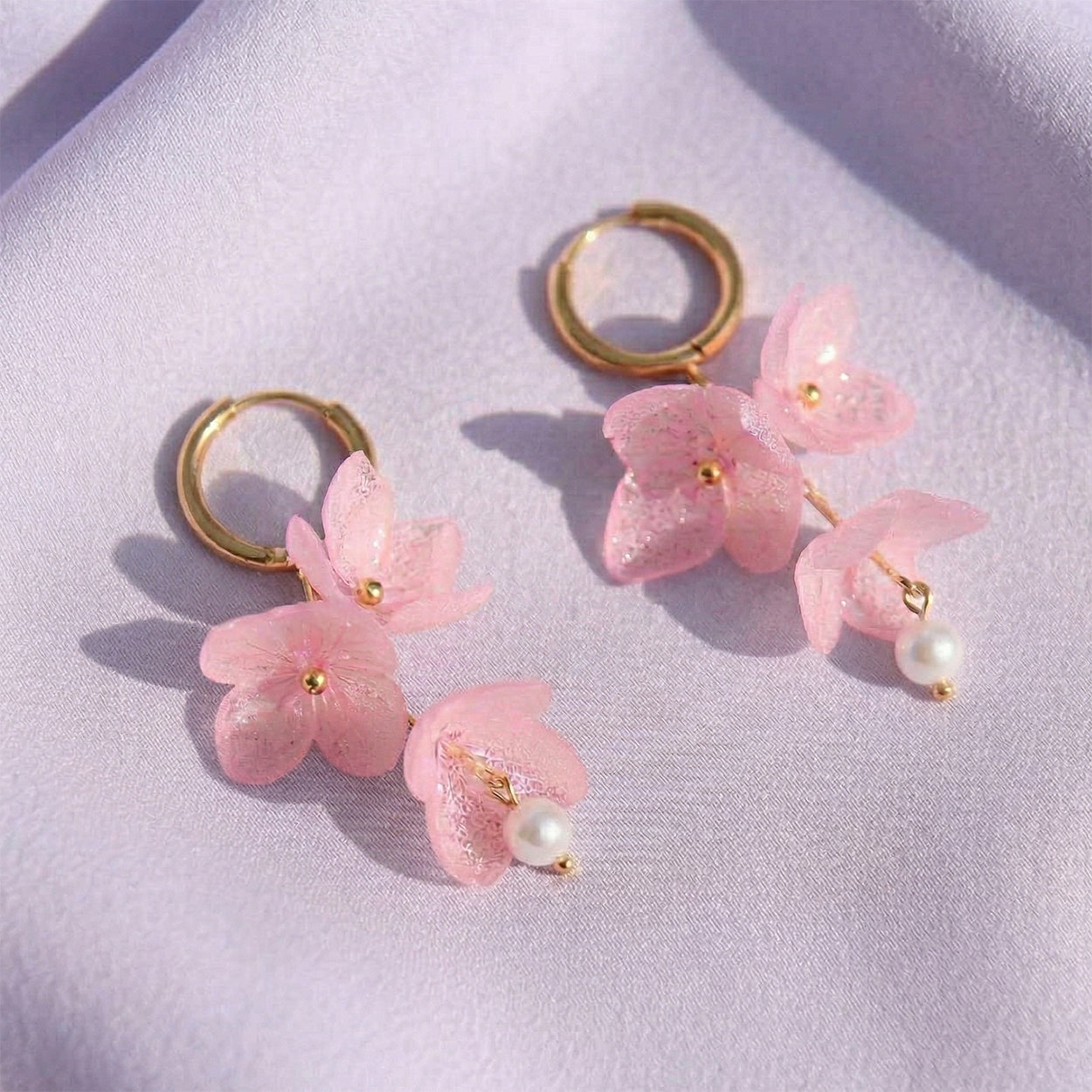 *Real Flower* Pink Hydrangea Pearl Drop Hoop Earrings
