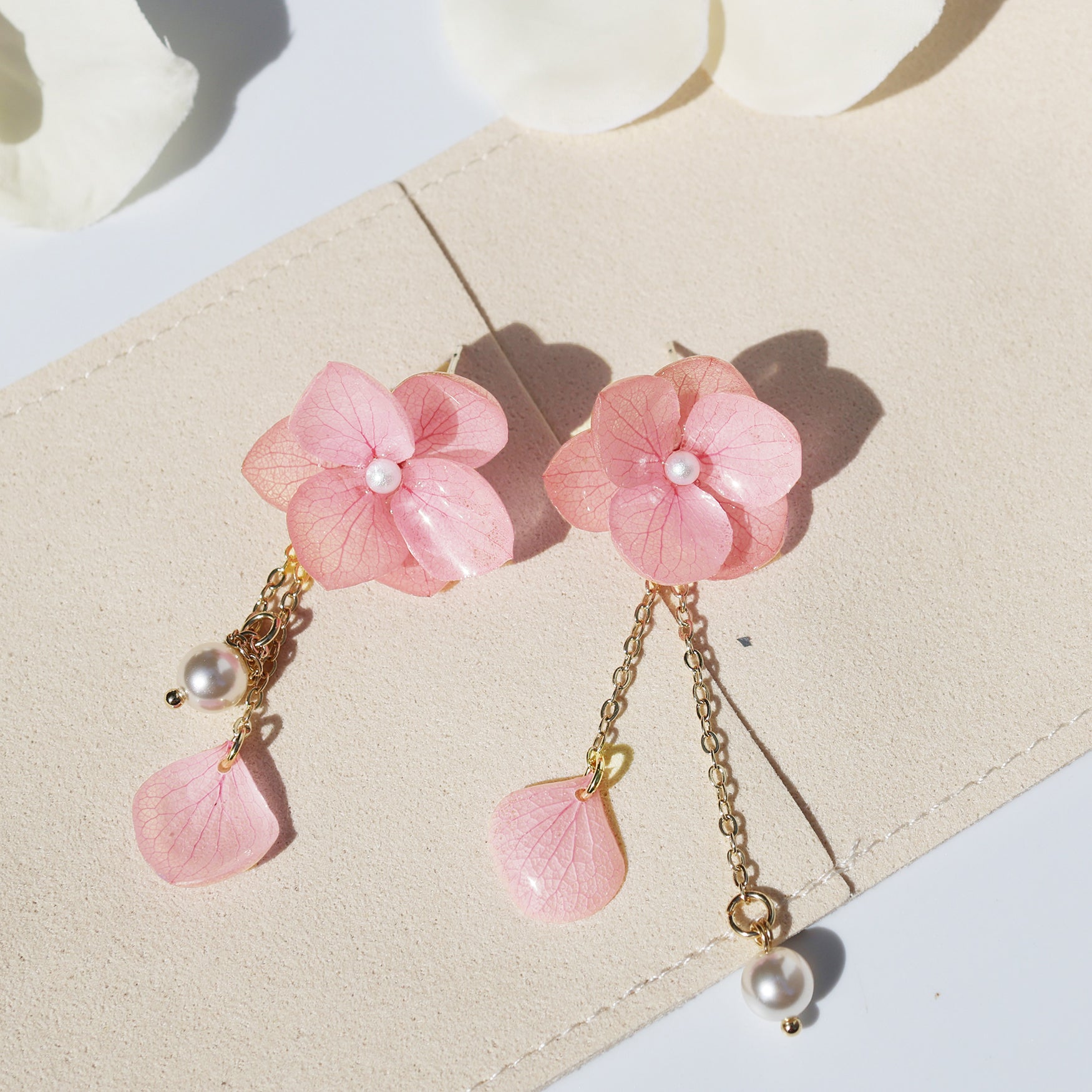 *Real Flower* Pink Hydrangea Petal Drop Earrings