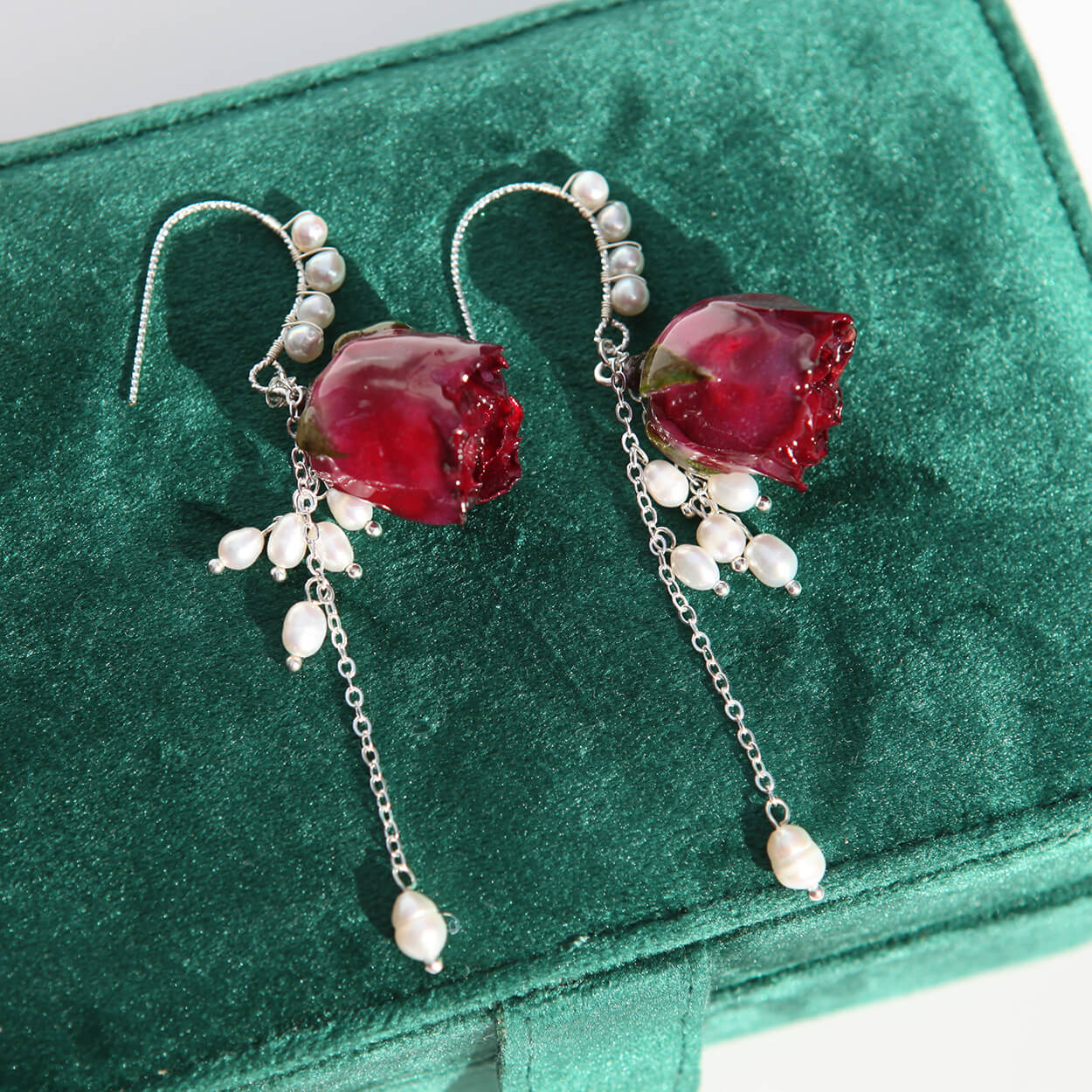 *Real Flower* Red Rose Natural Pearl Silver EarringsEarringsJewelryBlossomuniqueflowerearringsgiftforhermothergiftdaughtergiftbirthdaygiftanniversarygift