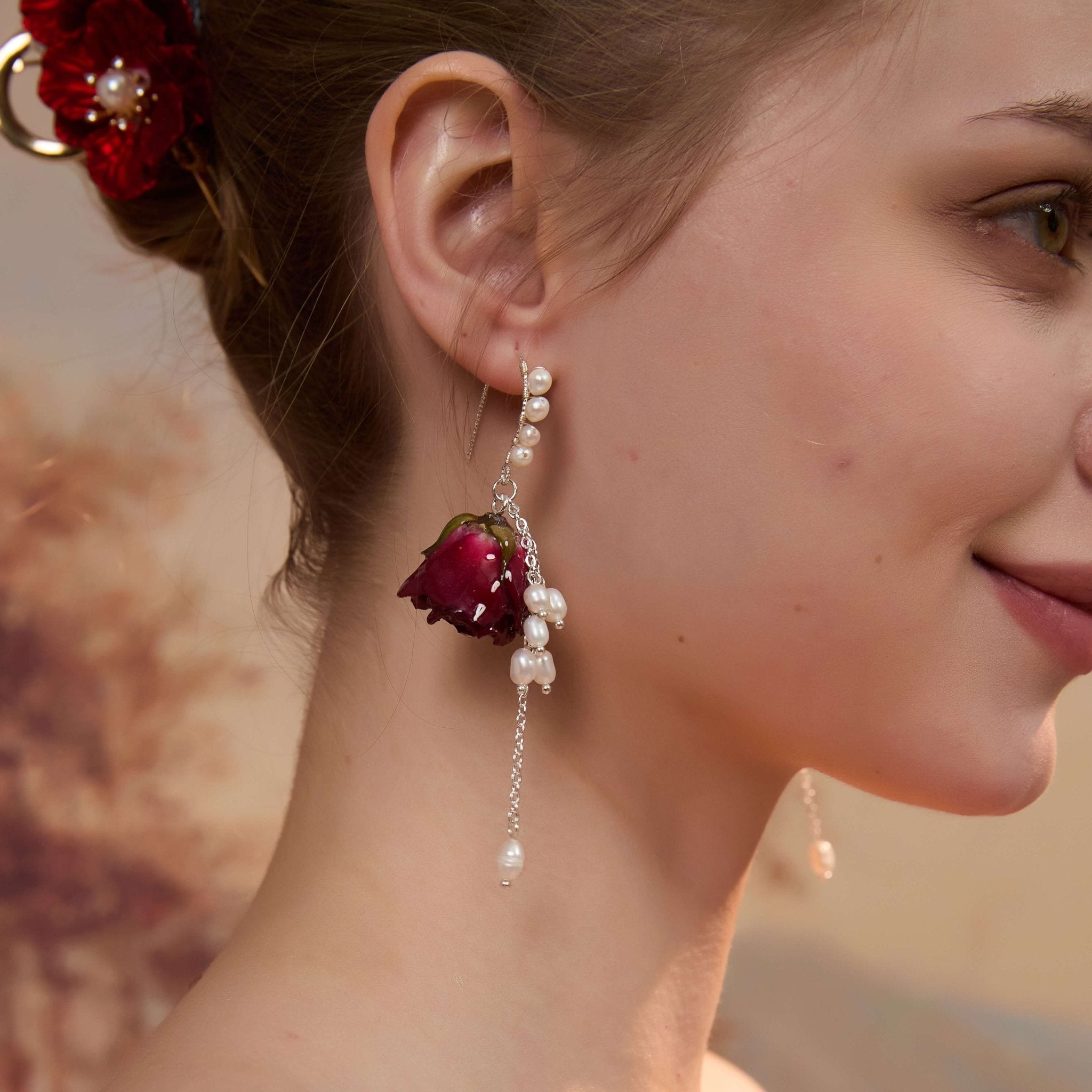*Real Flower* Red Rose Natural Pearl Silver EarringsEarringsJewelryBlossomuniqueflowerearringsgiftforhermothergiftdaughtergiftbirthdaygiftanniversarygift