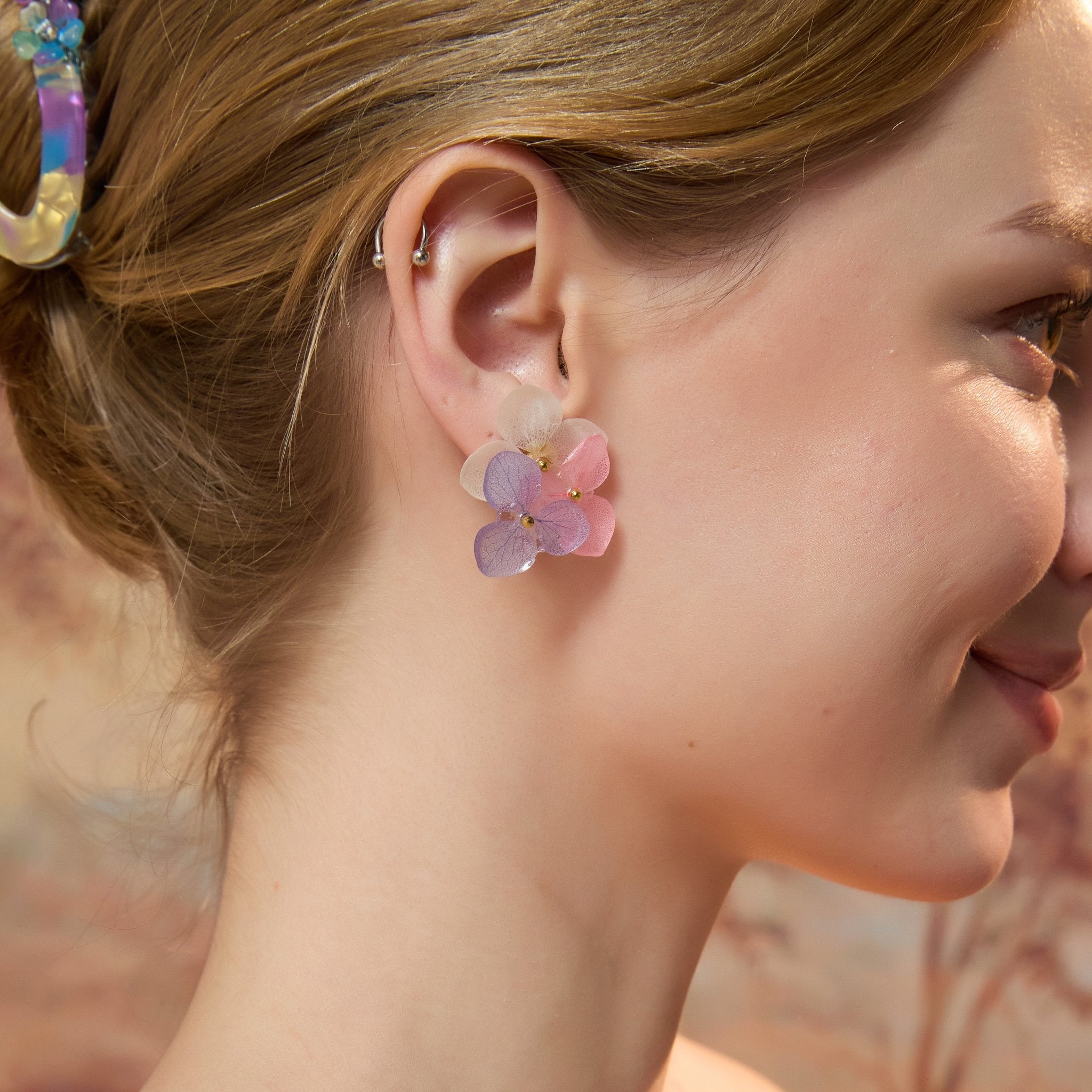 *Real Flower* Three Tone Hydrangea Flower Earring StudsEarringsJewelryBlossomuniqueflowerearringsgiftforhermothergiftdaughtergiftbirthdaygiftanniversarygift