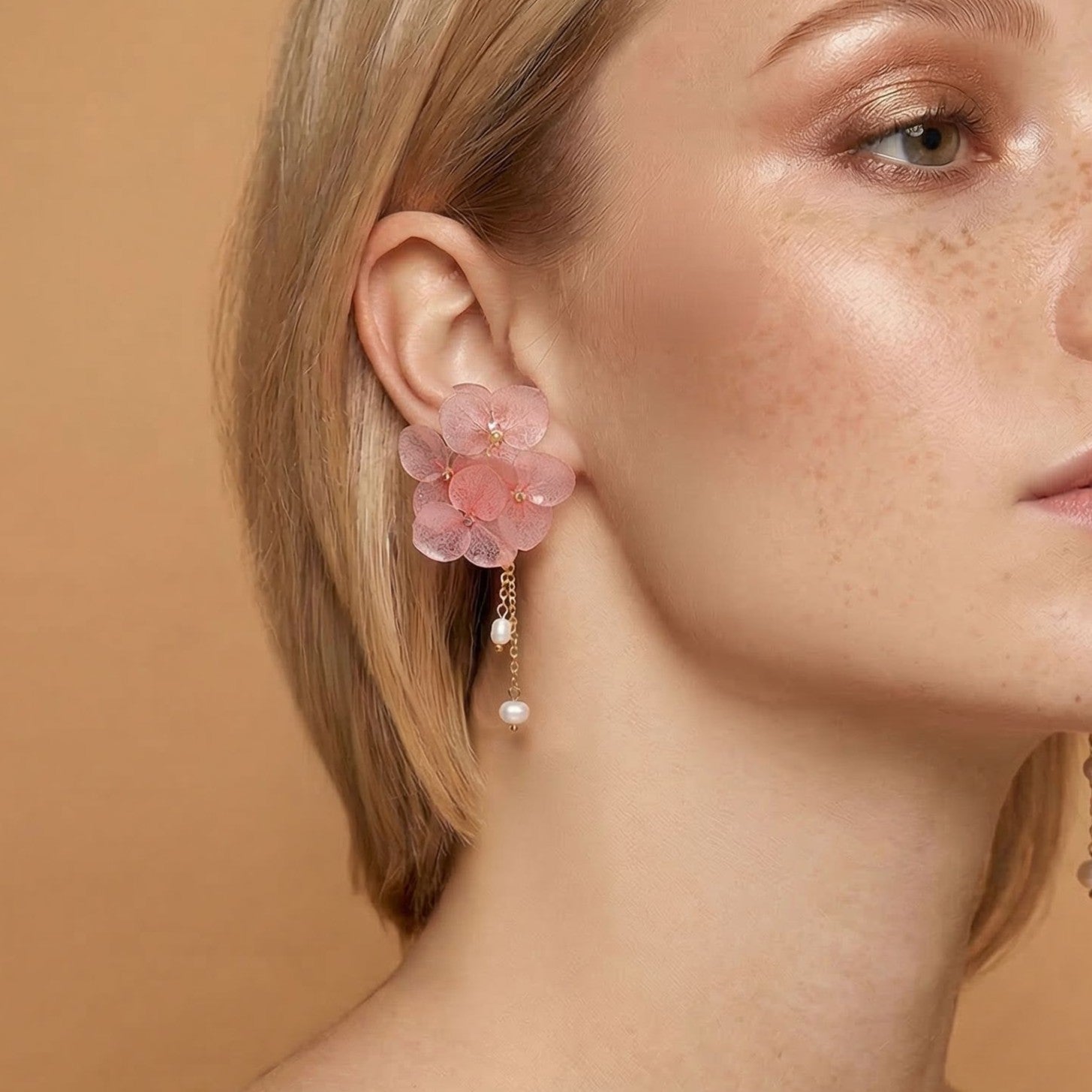 Real Flower* Tiana Layered Pink Hydrangea Drop Earrings