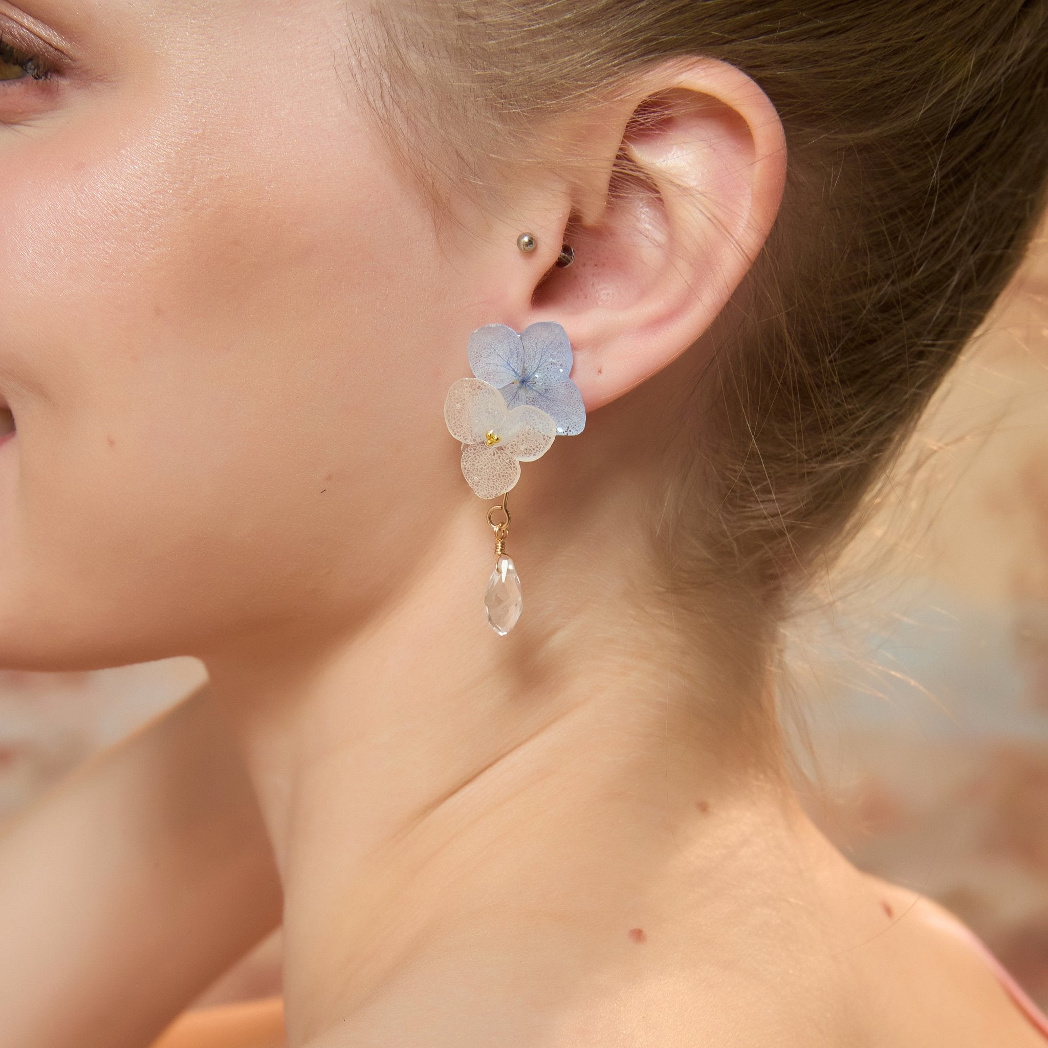 *Real Flower* Two - tone Blue Hydrangea Drop EarringsEarringsJewelryBlossomuniqueflowerearringsgiftforhermothergiftdaughtergiftbirthdaygiftanniversarygift