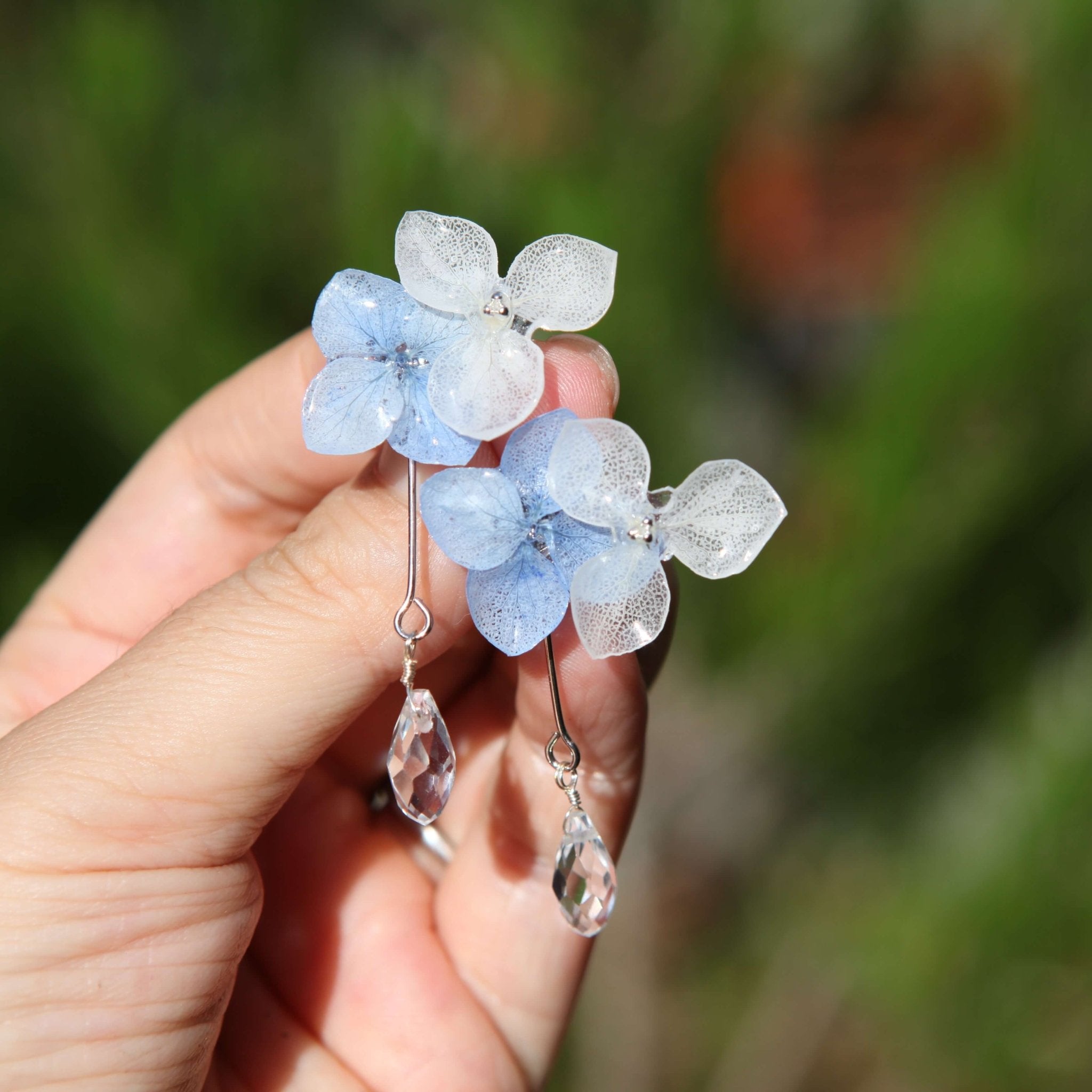 *Real Flower* Two - tone Blue Hydrangea Drop EarringsEarringsJewelryBlossomuniqueflowerearringsgiftforhermothergiftdaughtergiftbirthdaygiftanniversarygift