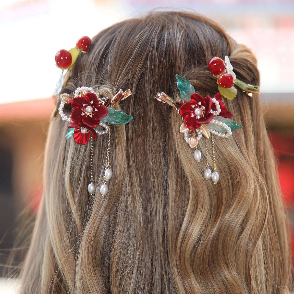 Red Camellia Pearl Tassel Hair Clips (2-Piece Set) Hair Clips JewelryBlossom #flowerjewelry# #weddingjewelry# #bridaljewelry# #weddinggift# #bridemaidgift##giftforher# #mothergift# #daughtergift# #birthdaygift# #anniversarygi
