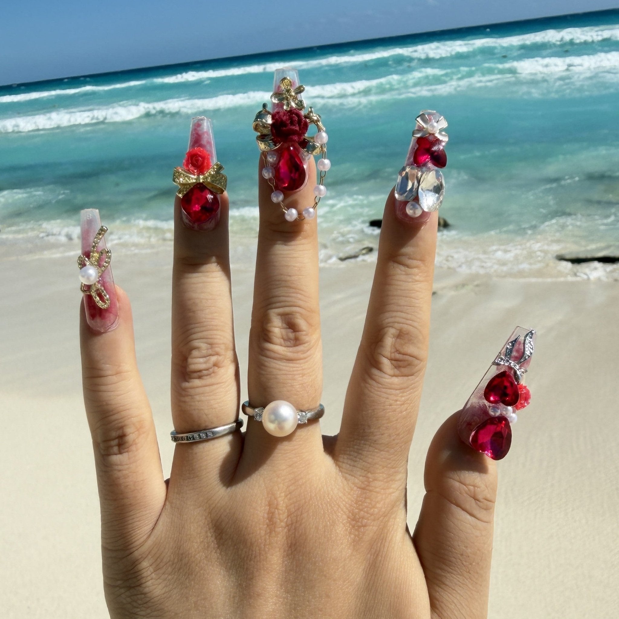 Rose Garden & Pearl Bow Nail SetJewelryBlossomuniqueflowerearringsgiftforhermothergiftdaughtergiftbirthdaygiftanniversarygift