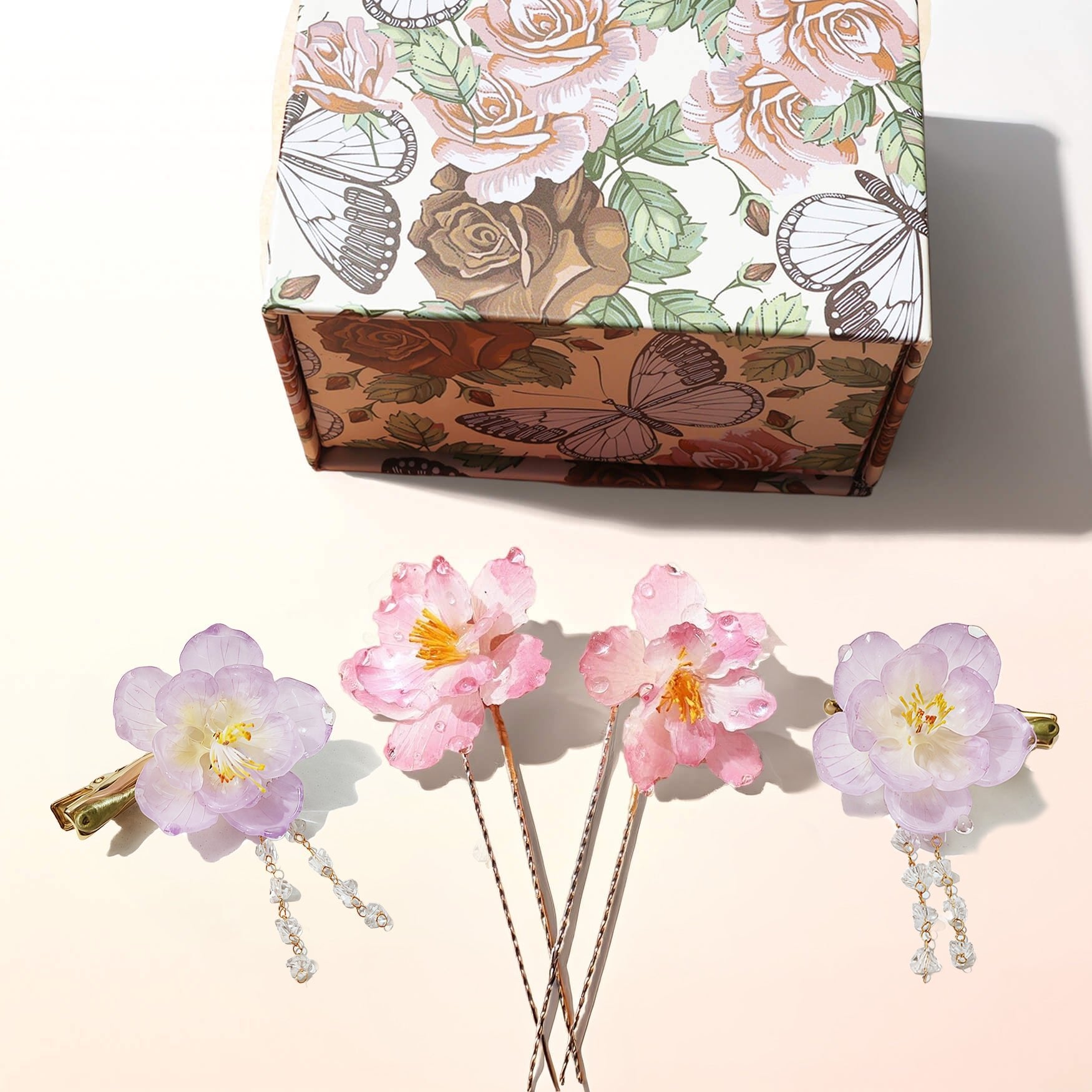 Rose Poppy & Dewdrop Sakura Hair Pins