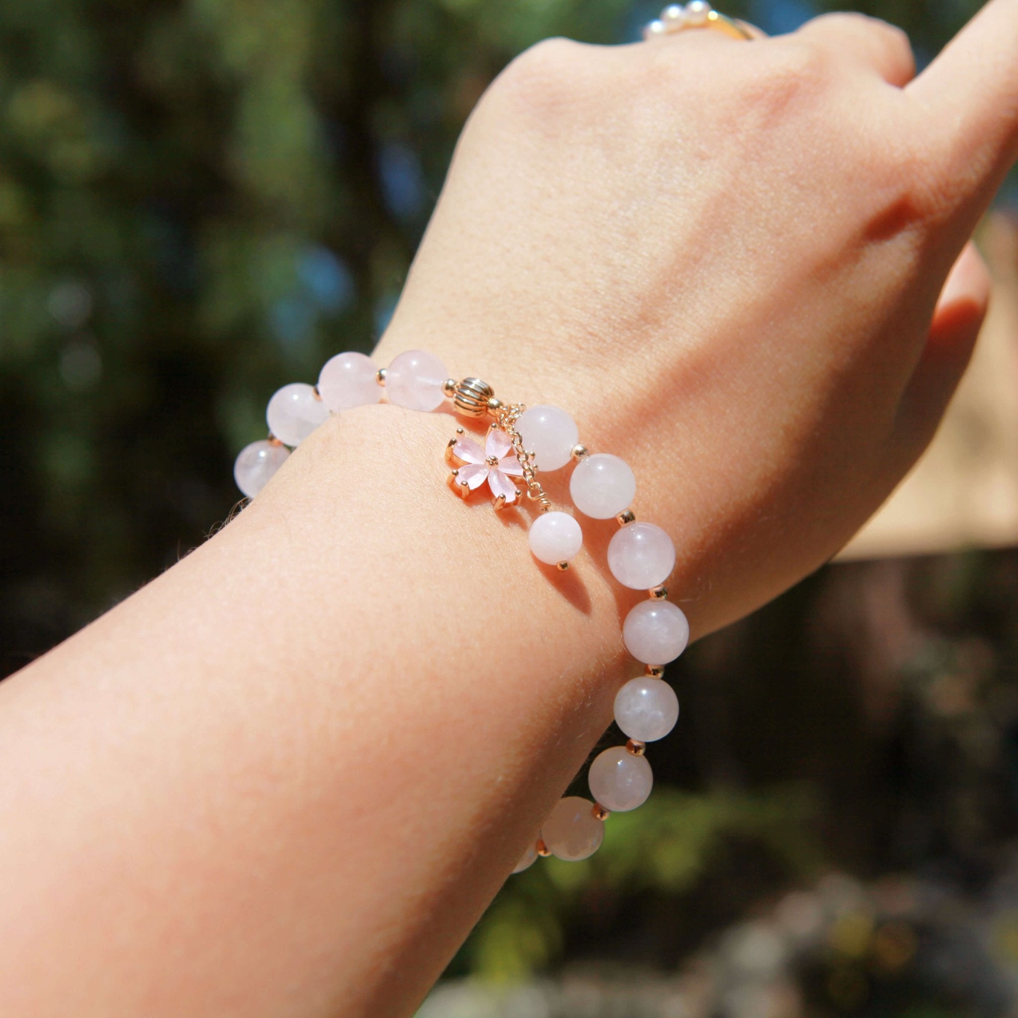 Rose Quartz Clover Charm Crystal BraceletBraceletJewelryBlossomuniqueflowerearringsgiftforhermothergiftdaughtergiftbirthdaygiftanniversarygift