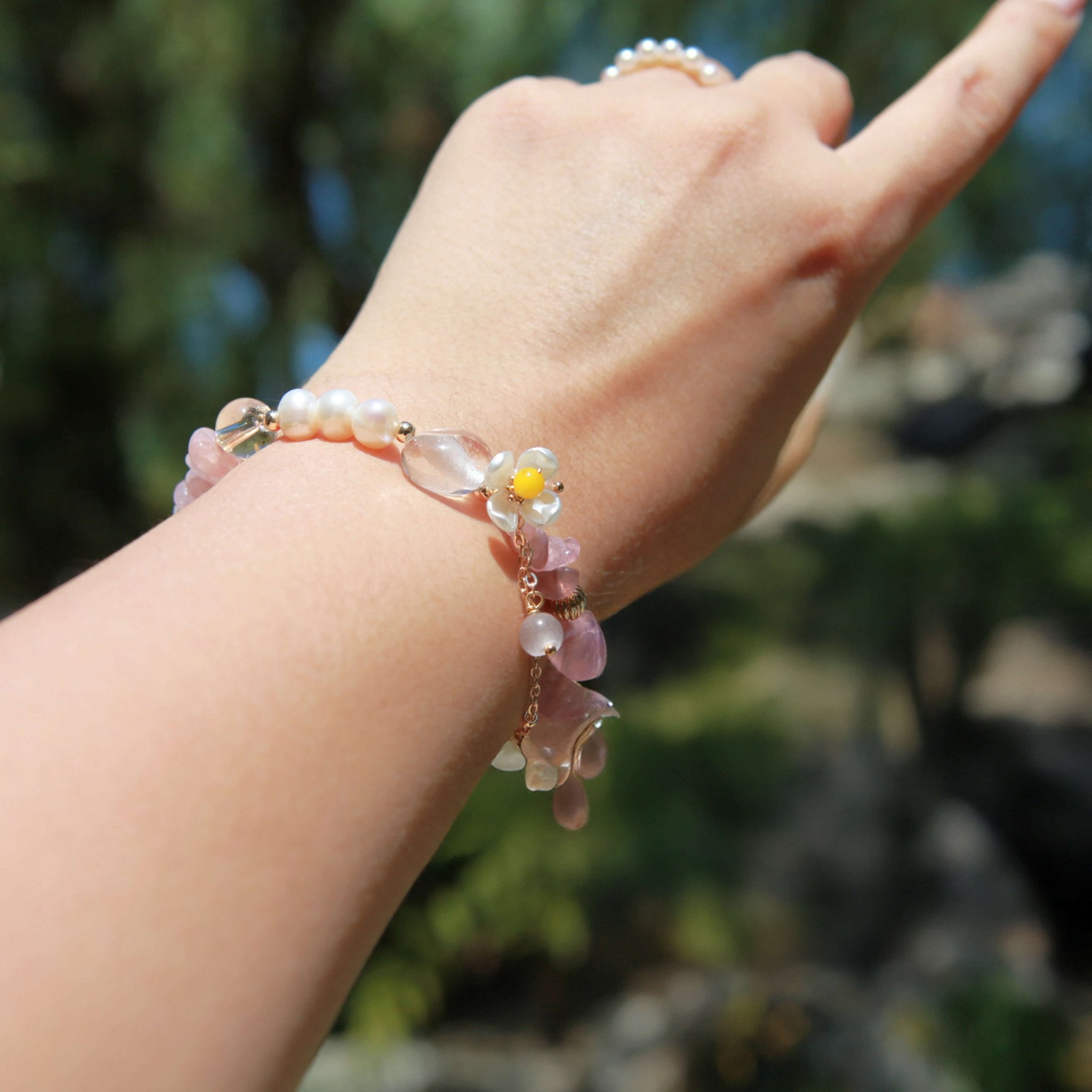 Rose Quartz White Crystal Flower Charm BraceletBraceletJewelryBlossomuniqueflowerearringsgiftforhermothergiftdaughtergiftbirthdaygiftanniversarygift