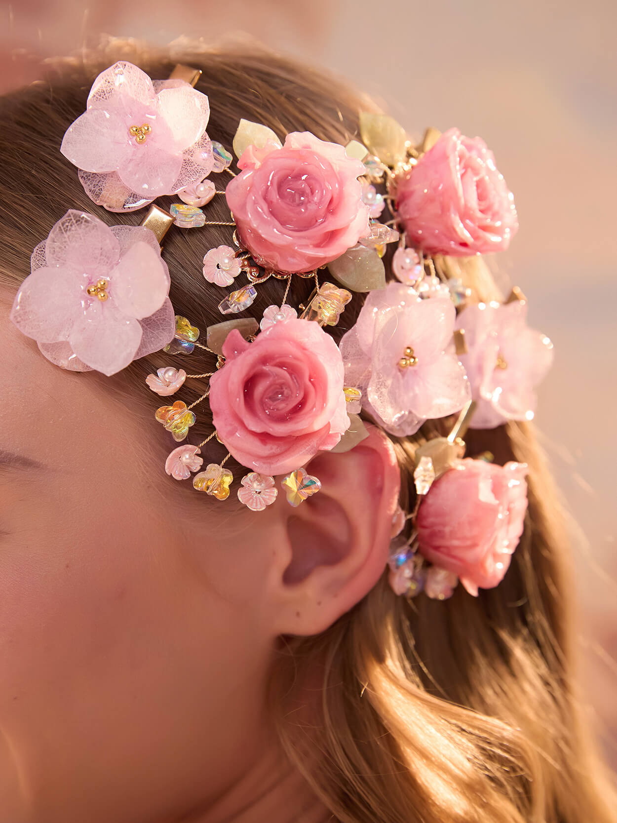 *Real Flower* Pink Rose & Hydrangea Garden Hair Clips
