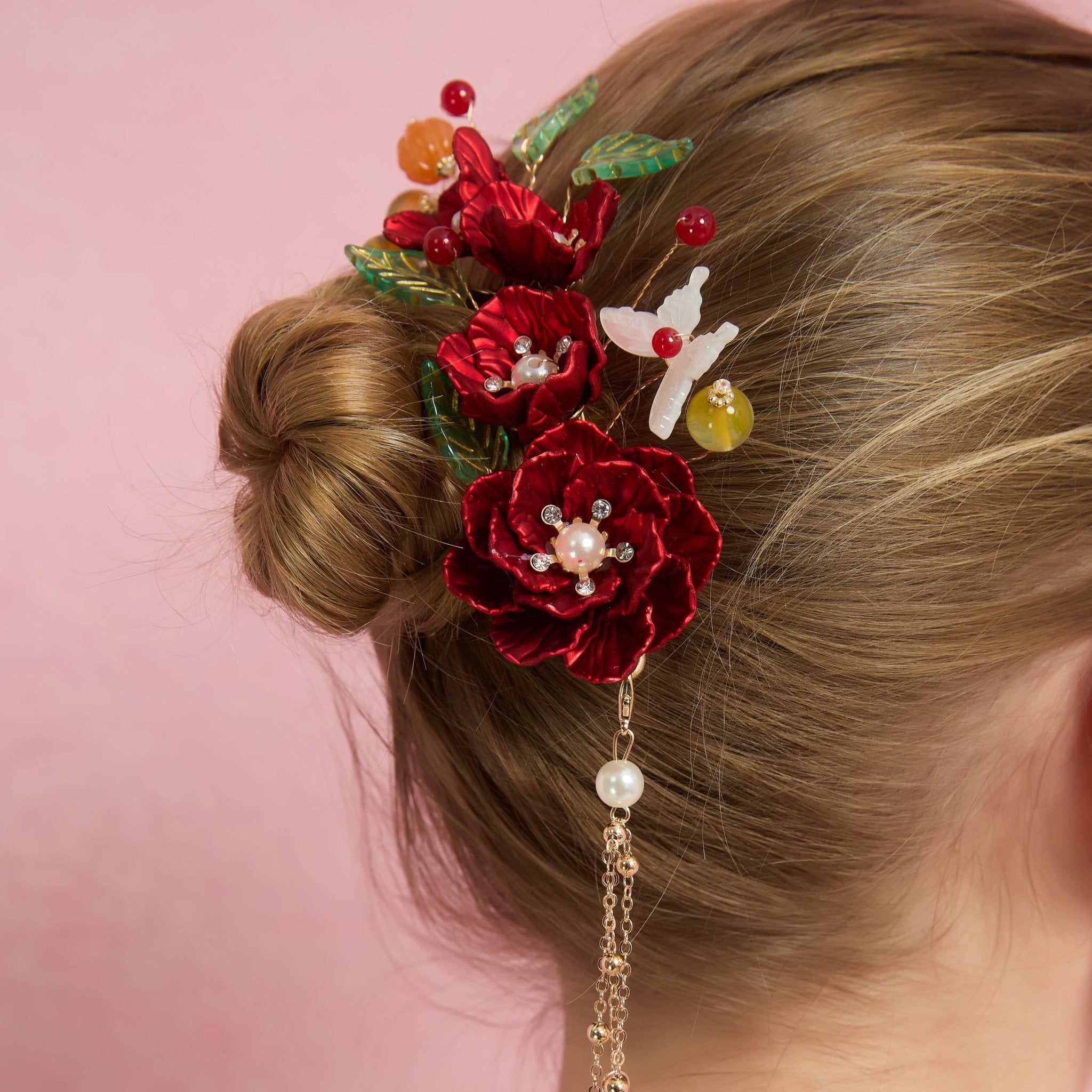 Ruby Peony Tassel Hair ClipHair ClipsJewelryBlossomuniqueflowerearringsgiftforhermothergiftdaughtergiftbirthdaygiftanniversarygift