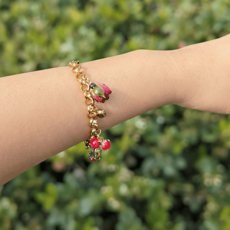 Strawberry Rose Charm BraceletsBraceletJewelryBlossomuniqueflowerearringsgiftforhermothergiftdaughtergiftbirthdaygiftanniversarygift