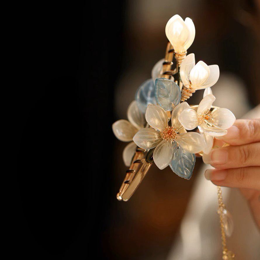 Translucent Jasmine Flower Blue Leaf Hair Clawhair clawsJewelryBlossomuniqueflowerearringsgiftforhermothergiftdaughtergiftbirthdaygiftanniversarygift