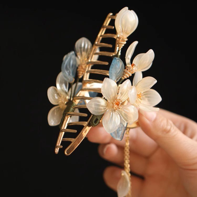 Translucent Jasmine Flower Blue Leaf Hair Clawhair clawsJewelryBlossomuniqueflowerearringsgiftforhermothergiftdaughtergiftbirthdaygiftanniversarygift
