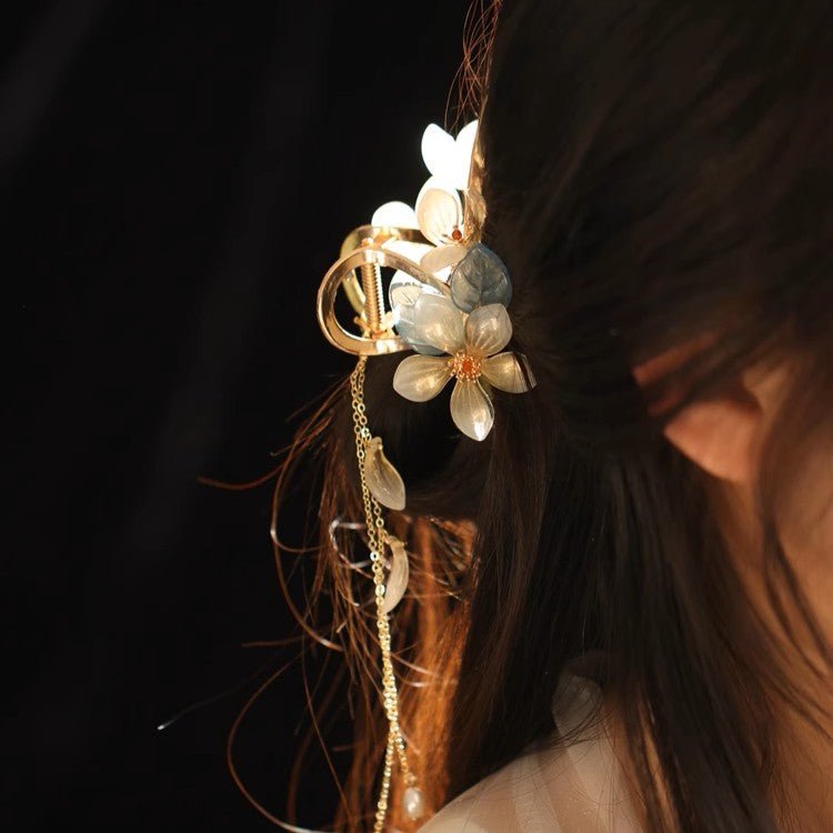 Translucent Jasmine Flower Blue Leaf Hair Clawhair clawsJewelryBlossomuniqueflowerearringsgiftforhermothergiftdaughtergiftbirthdaygiftanniversarygift