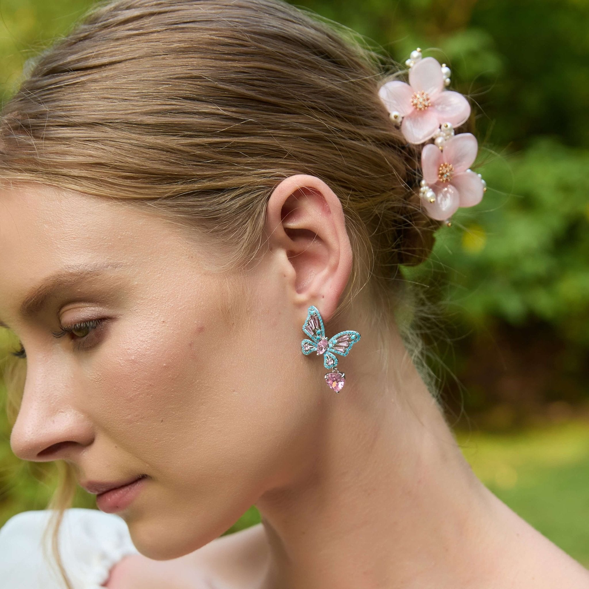 Turquoise Rosé Butterfly Drop Earrings Earrings JewelryBlossom flowerjewelry weddingjewelry bridaljewelry weddinggift bridemaidgiftgiftforher mothergift daughtergift birthdaygift anniversarygi