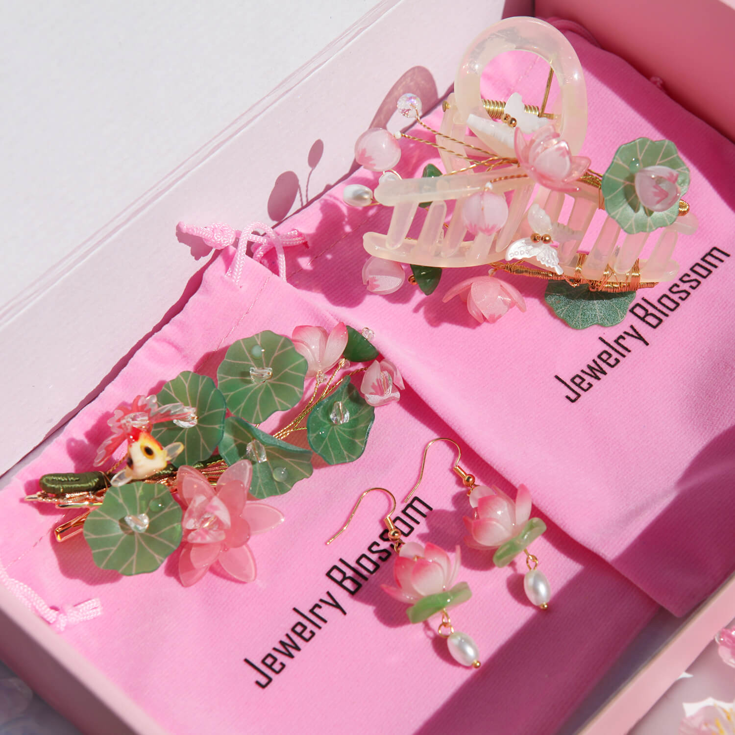 Waterlily Hair Clips & Earrings 3 - Piece SetJewelryBlossomuniqueflowerearringsgiftforhermothergiftdaughtergiftbirthdaygiftanniversarygift