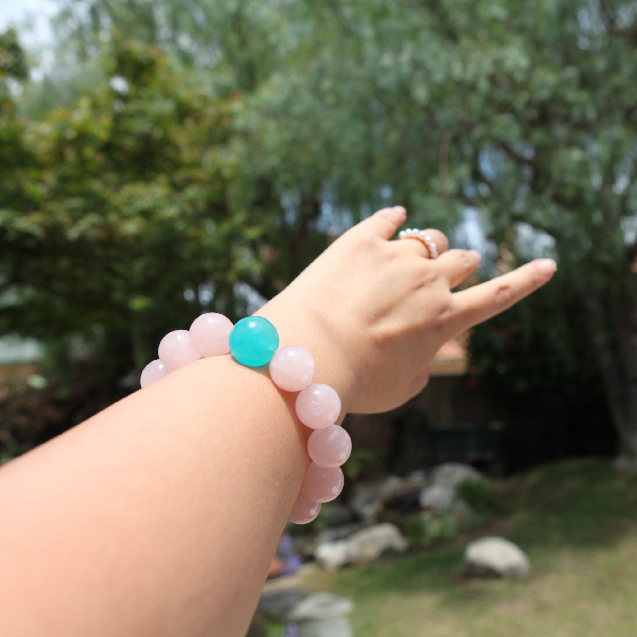 Whisper of Rose Quartz & Amazonite Crystal BraceletBraceletJewelryBlossomuniqueflowerearringsgiftforhermothergiftdaughtergiftbirthdaygiftanniversarygift