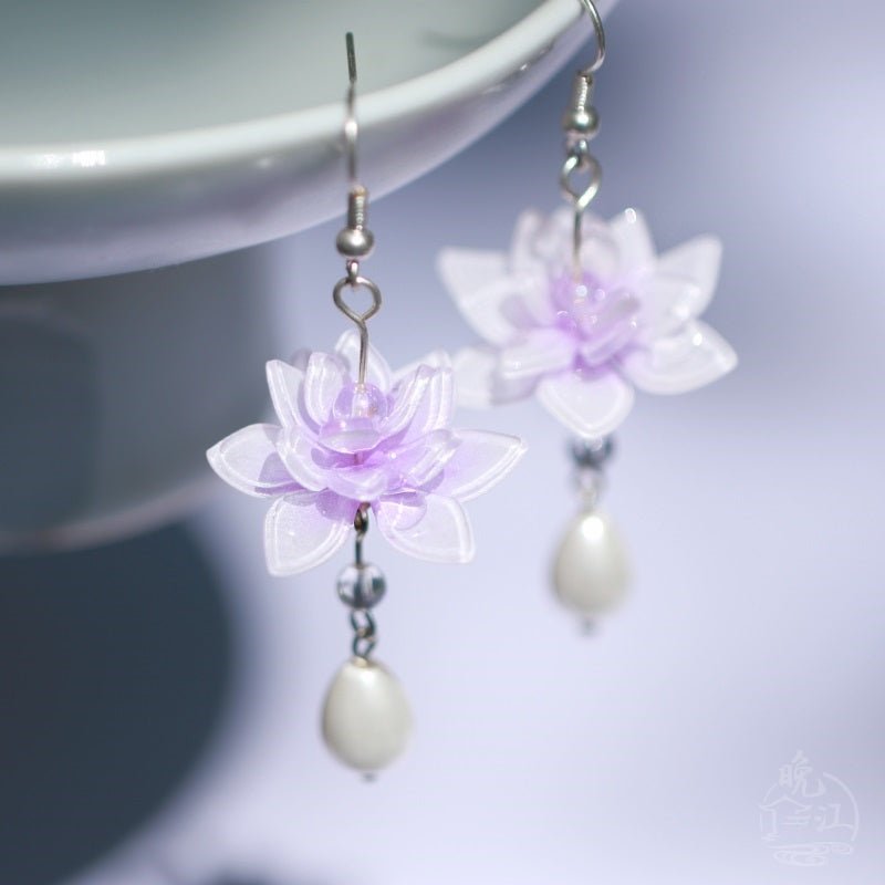 Whispers of Lavender Waterlily Pearl Drop EarringsEarringsJewelryBlossomuniqueflowerearringsgiftforhermothergiftdaughtergiftbirthdaygiftanniversarygift