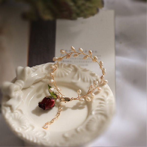 #roseflowerbracelet# - #jewelryblossom##bracelet##fairyearrings##weddingbracelet##realflowerbracelet##rosepearlbracelet#