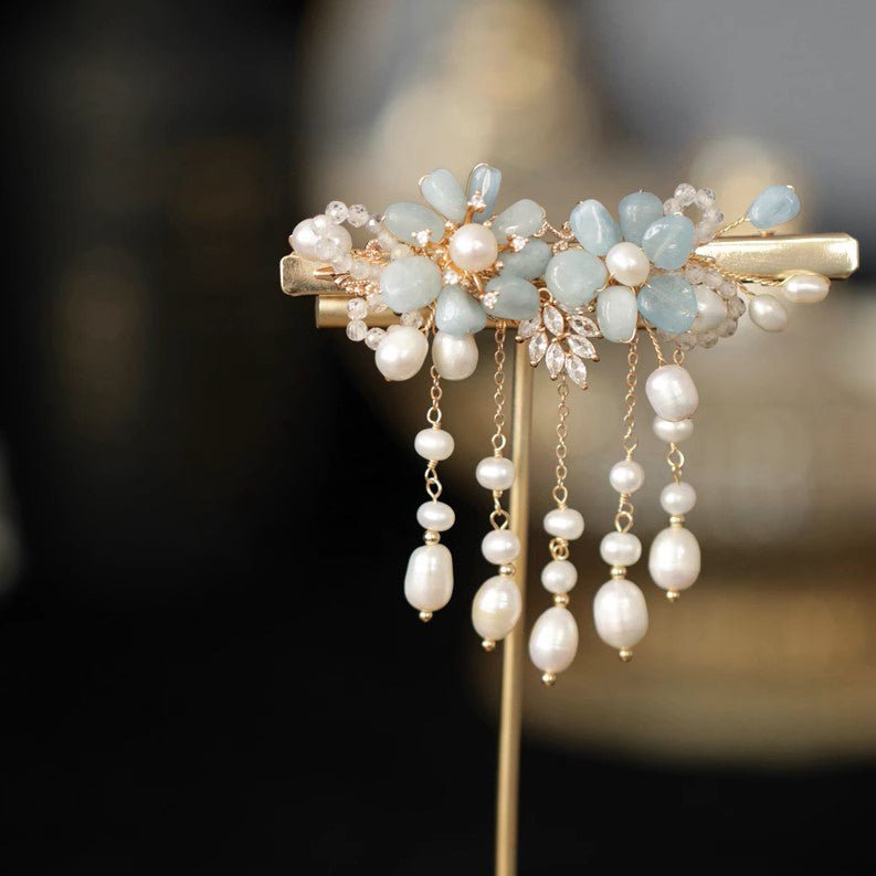 #bluecrystalhairclips# #jewelryblossom##hairclips##weddinghairstyle##weddingjewelry# 
hair clip with pearl tassel