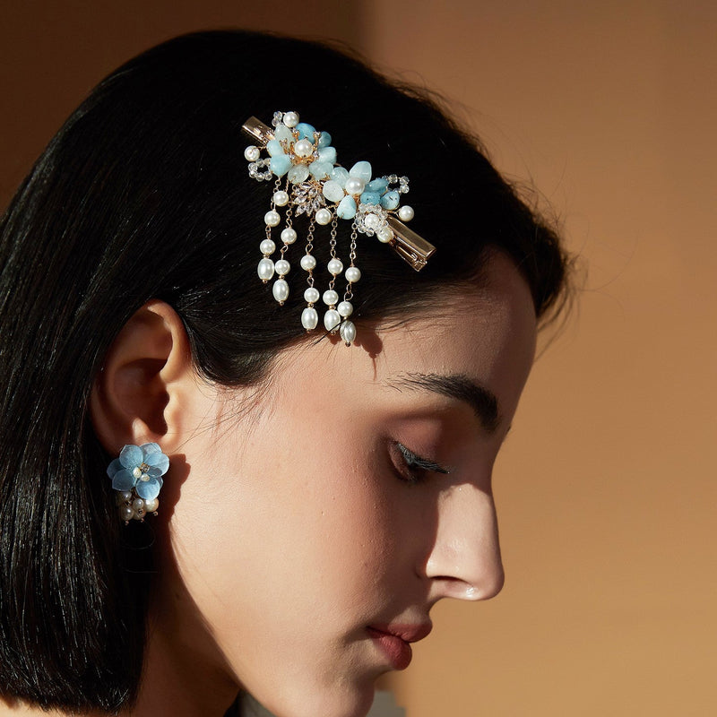 #jewelryblossom#blue floral wedding look #weddinghairstyle##weddingjewelry# 
hair clip with pearl tassel