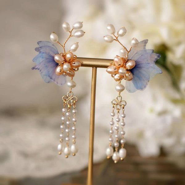 Butterfly Garden Natural Pearl Tassel Earrings