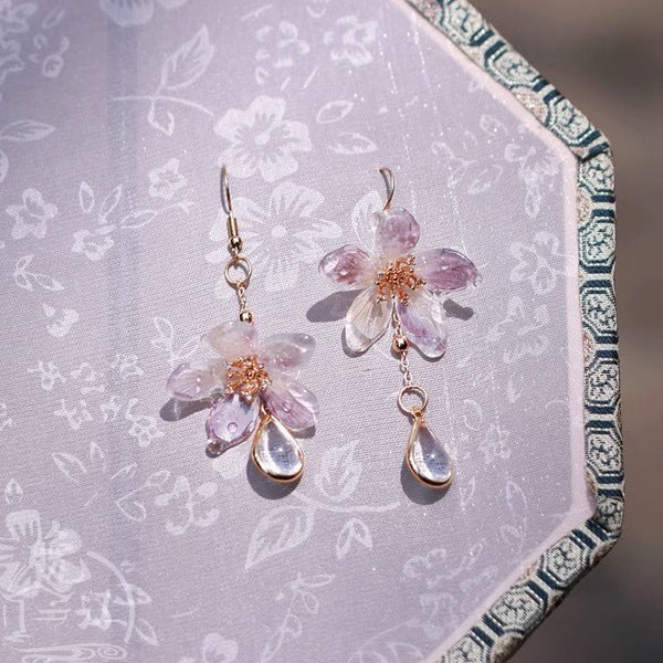 Golden Stamen Glittering Cherry Blossom Drop Earrings