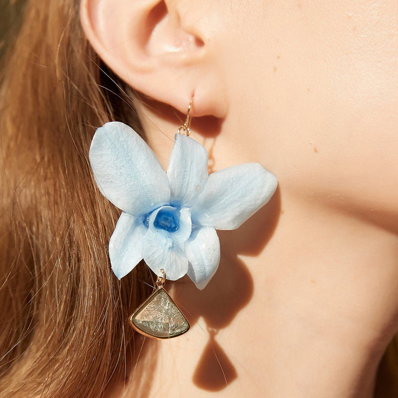 Japanese Mikasa blue Orchid Crystal Drop Earrings #orchidearrings# #realorchidearrings# #realflowerearings#