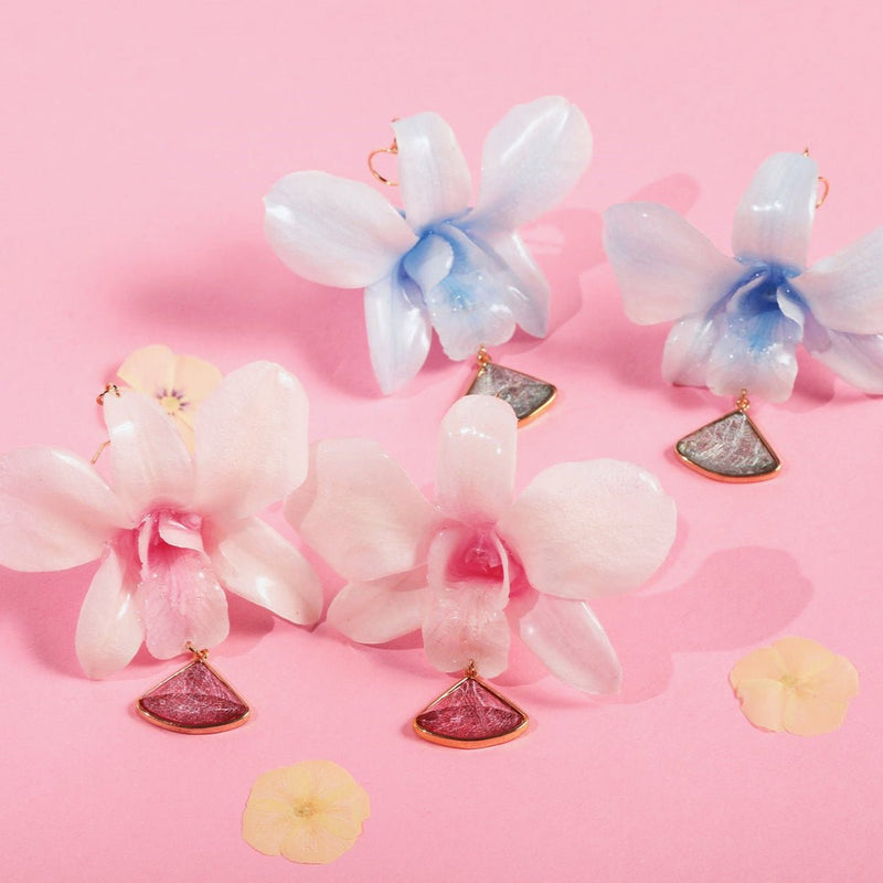 Japanese Mikasa Pink Orchid Crystal Drop Earrings #orchidearrings# #realorchidearrings# #realflowerearings#