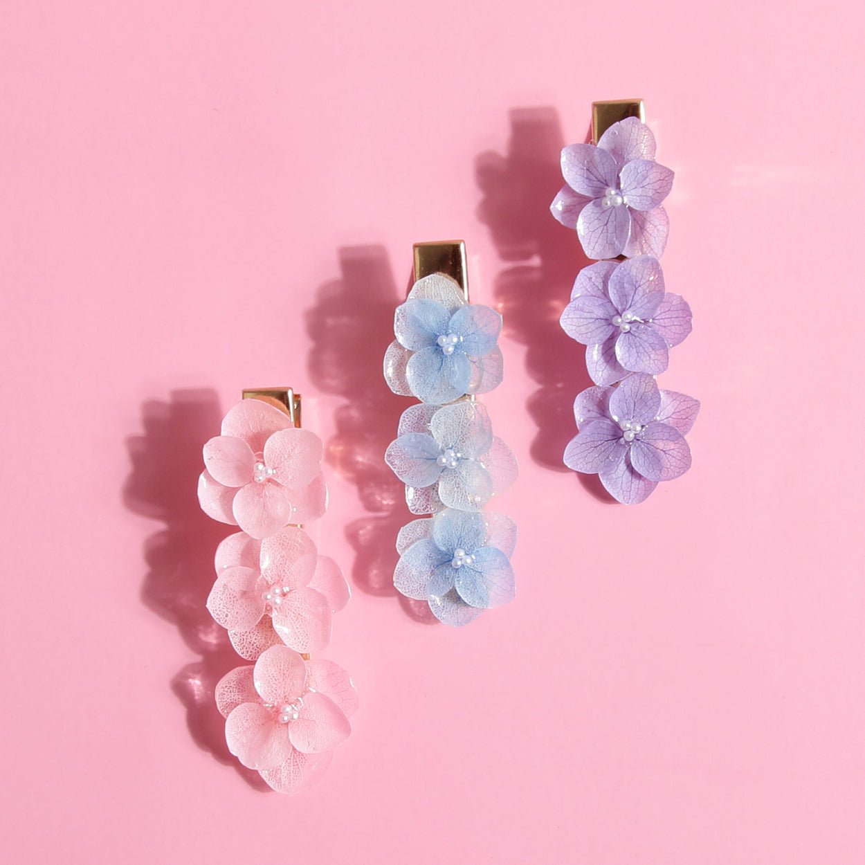 Three Tone Hydrangea Flowers Hair Clip (3 - pc Set)Hair ClipsJewelryBlossomuniqueflowerearringsgiftforhermothergiftdaughtergiftbirthdaygiftanniversarygift