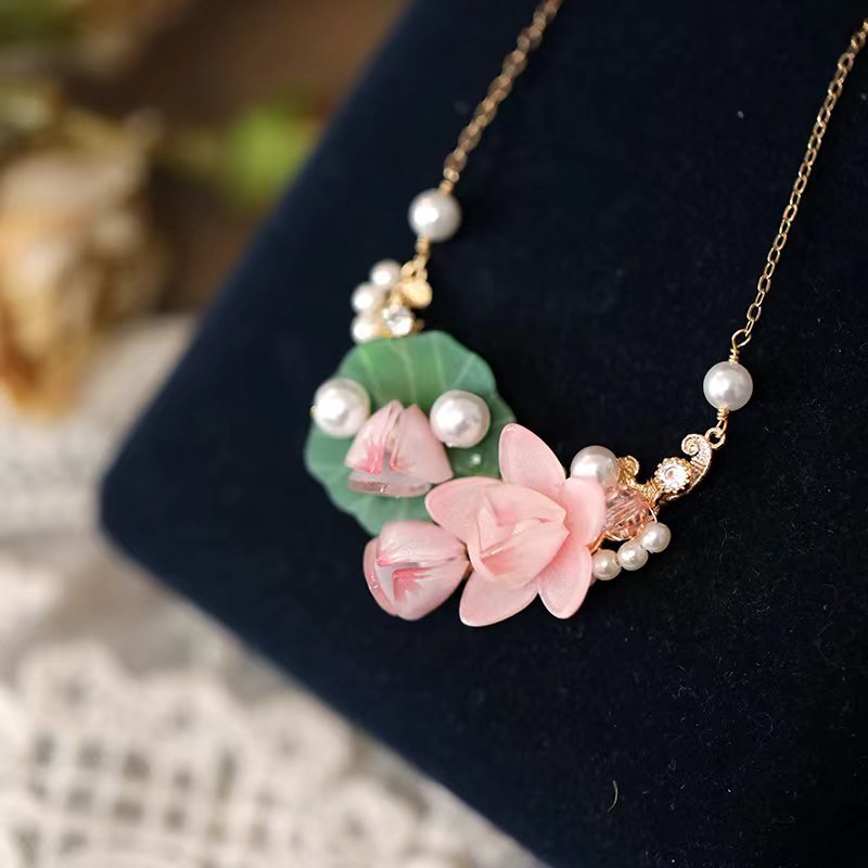 Green Water Lilies Hand Painted Wood and Eco-resin Necklace